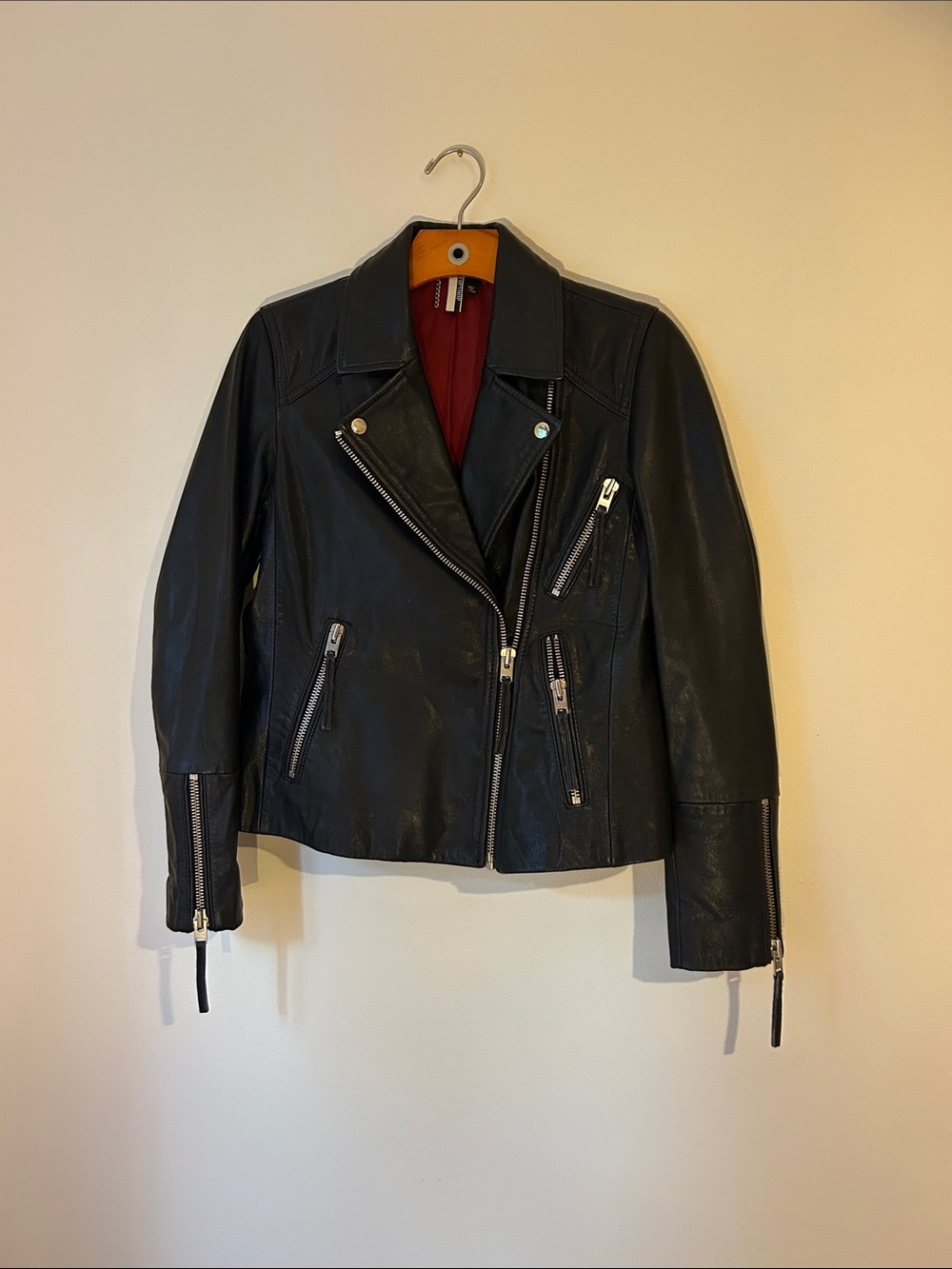 Topshop Black Leather Asymmetric Moto Jacket with Red Lining